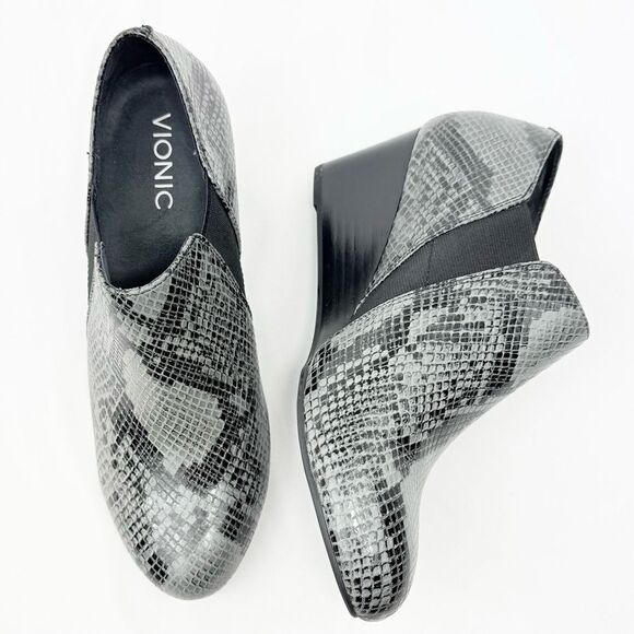Vionic TANTON Gray Black Snakeskin Print Slip On Orthotic Wedge Heel Shoes - Picture 6 of 15